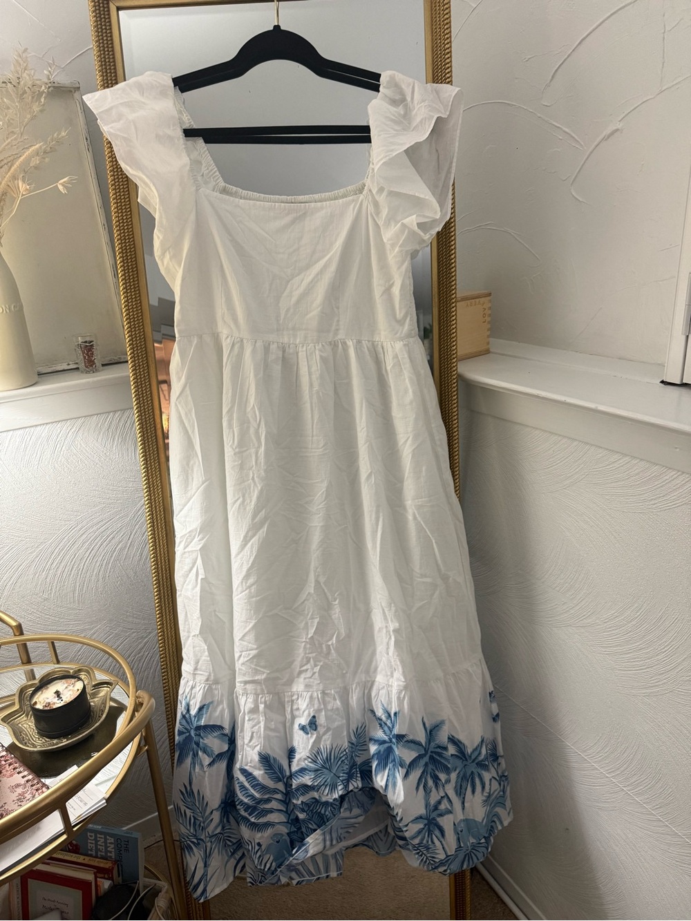 White Maxi Dress with Blue Palm Border